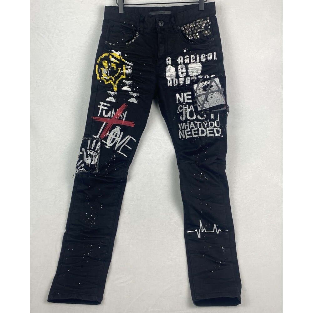 Kloud 9 Jeans Size 30/32 Black Painted Studded Design Streetwear Pockets Casual